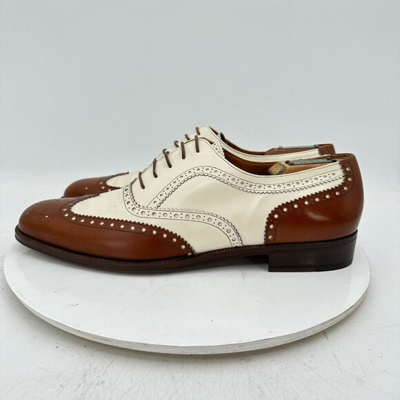 Salvatore Ferragamo Men Sz 10.5 D Brown White Leather Brogue Oxford Dress Shoes - Picture 2 of 13